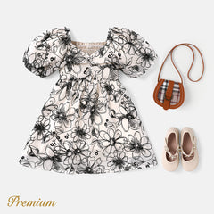 Kid Girl Sketch Floral Graphic Short-sleeve Smocked Dress - White, 6-7 Years