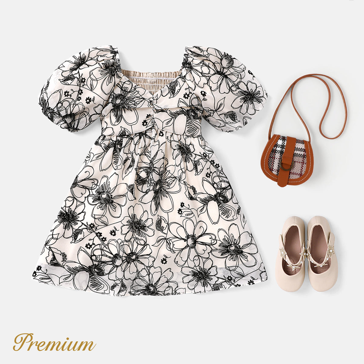Kid Girl Sketch Floral Graphic Short-sleeve Smocked Dress - White, 10-11 Years