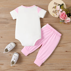 2pcs Baby Girl Leopard & Letter Print Colorblock Bodysuit and Pants Set - 12-18 Months, White