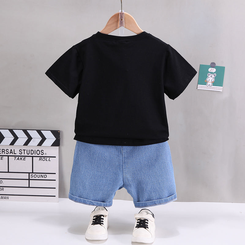 2pcs Toddler Boy Giraffe Graphic Short-sleeve Cotton Tee and Denim Shorts Set - 5-6 Years, Black