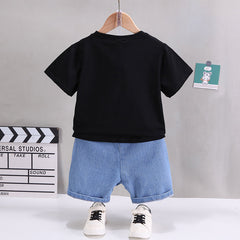 2pcs Toddler Boy Giraffe Graphic Short-sleeve Cotton Tee and Denim Shorts Set - 3 Years, Black