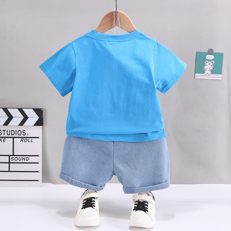 2pcs Toddler Boy Lion Embroidered Short-sleeve Tee and Denim Shorts Set - 3-4 Years, Blue