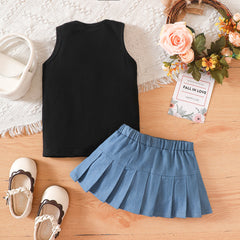 2pcs Toddler Girl Solid Sleeveless Top and 100% Cotton Pockets Skirt Set - 3-4 Years, DENIM BLUE