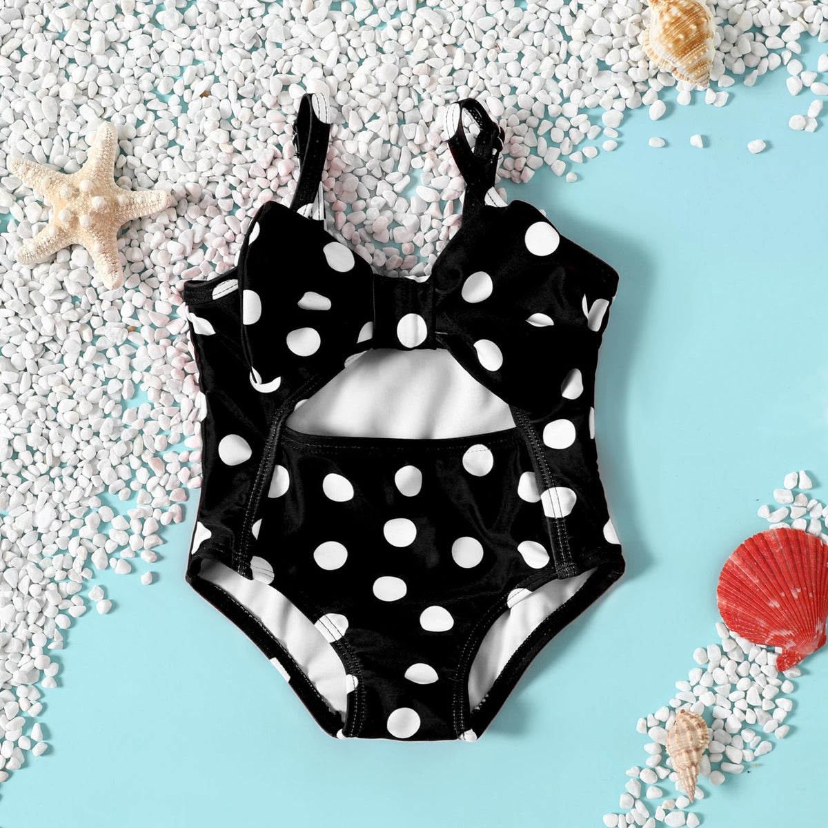 Baby Girl Allover Polka Dot Print Cut Out One-Piece Swimsuit - Black, 18-24 Months