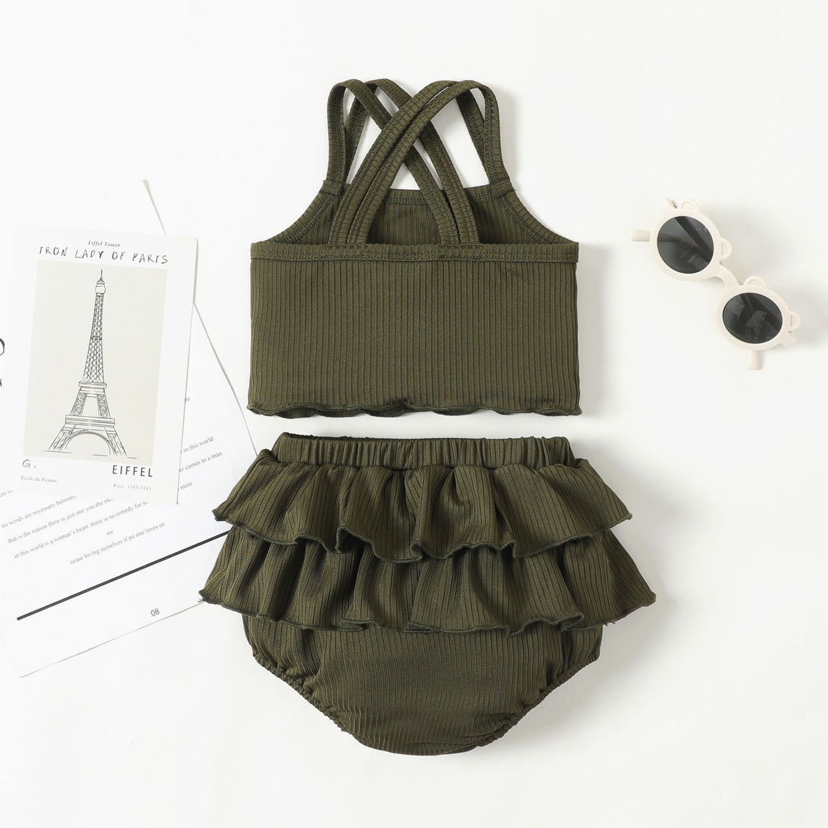 2pcs Baby Girl Solid Rib-knit Camisole and Ruffled Shorts Set - 0-3 Months, Army green