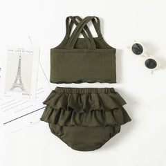2pcs Baby Girl Solid Rib-knit Camisole and Ruffled Shorts Set - 0-3 Months, Army green
