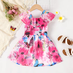 Toddler Girl Allover Butterfly Print Ruffle Strappy Belted Dress - Colorful, 3-4 Years