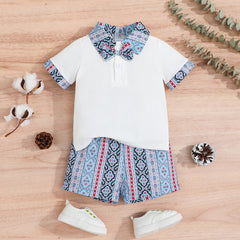 2pcs Baby Boy Front Buttons Ethnic Pattern Lapel Collar Short-sleeve Top and Shorts Set - 6-9 Months, White