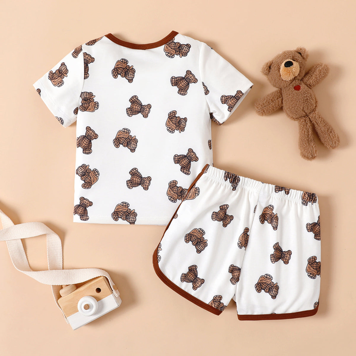 2pcs Baby Boy Naia™ Allover Bear Print Short-sleeve Tee and Dolphin Shorts Set - 12-18 Months, Brown