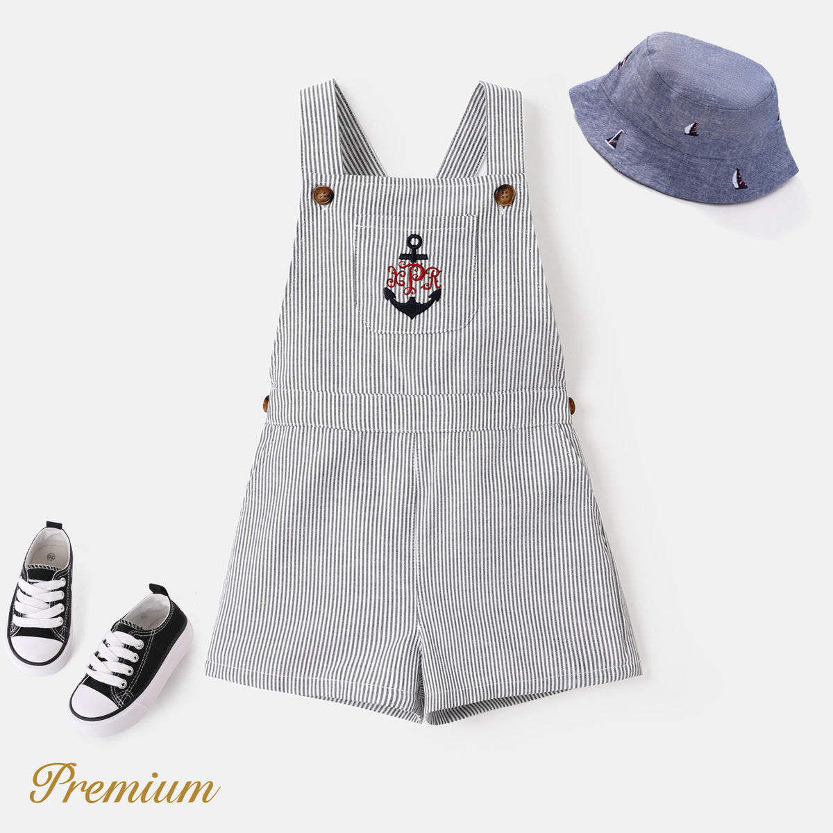 Toddler Girl/Boy Anchor Embroidered Patch Pocket Striped Overall Shorts - White, 1-2 Years