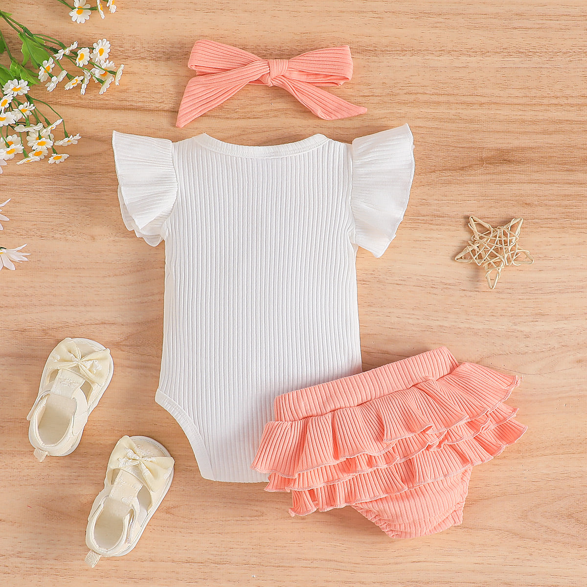 3pcs Baby Girl Flutter-sleeve Letters Print Bodysuit and Ruffled Solid Skirt and Headband Set - 9-12 Months, Pink