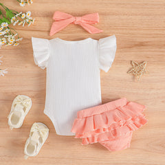 3pcs Baby Girl Flutter-sleeve Letters Print Bodysuit and Ruffled Solid Skirt and Headband Set - 12-18 Months, Pink