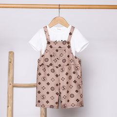 2pcs Toddler Boy Letter Print Short-sleeve Tee and Geo Pattern Overall Romper Set - 4-5 Years, Coffee