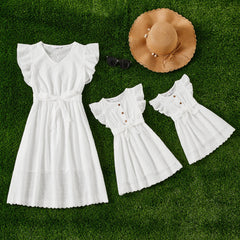 Mommy and Me 100% Cotton Solid Textured Flutter-sleeve Belted Dresses - White, 6-9 Months