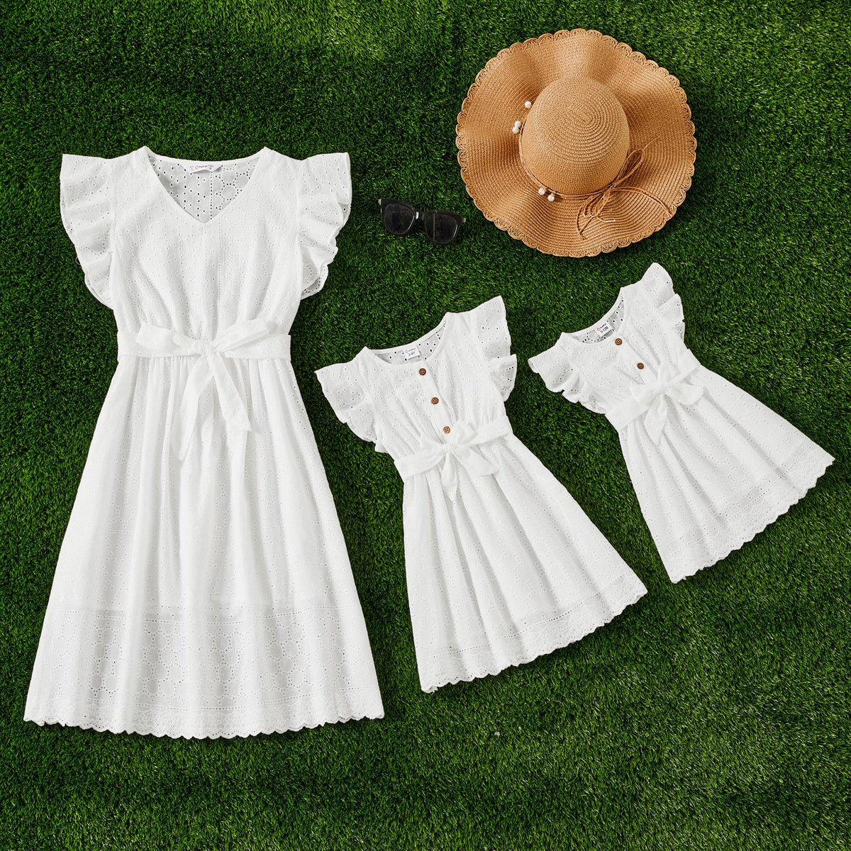 Mommy and Me 100% Cotton Solid Textured Flutter-sleeve Belted Dresses - White, 3-6 Months