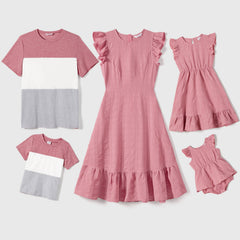 Family Matching Pink Ruffle-sleeve Texture Dresses and Color Block Short-sleeve T-shirts Sets - Pink, 6-9 Months