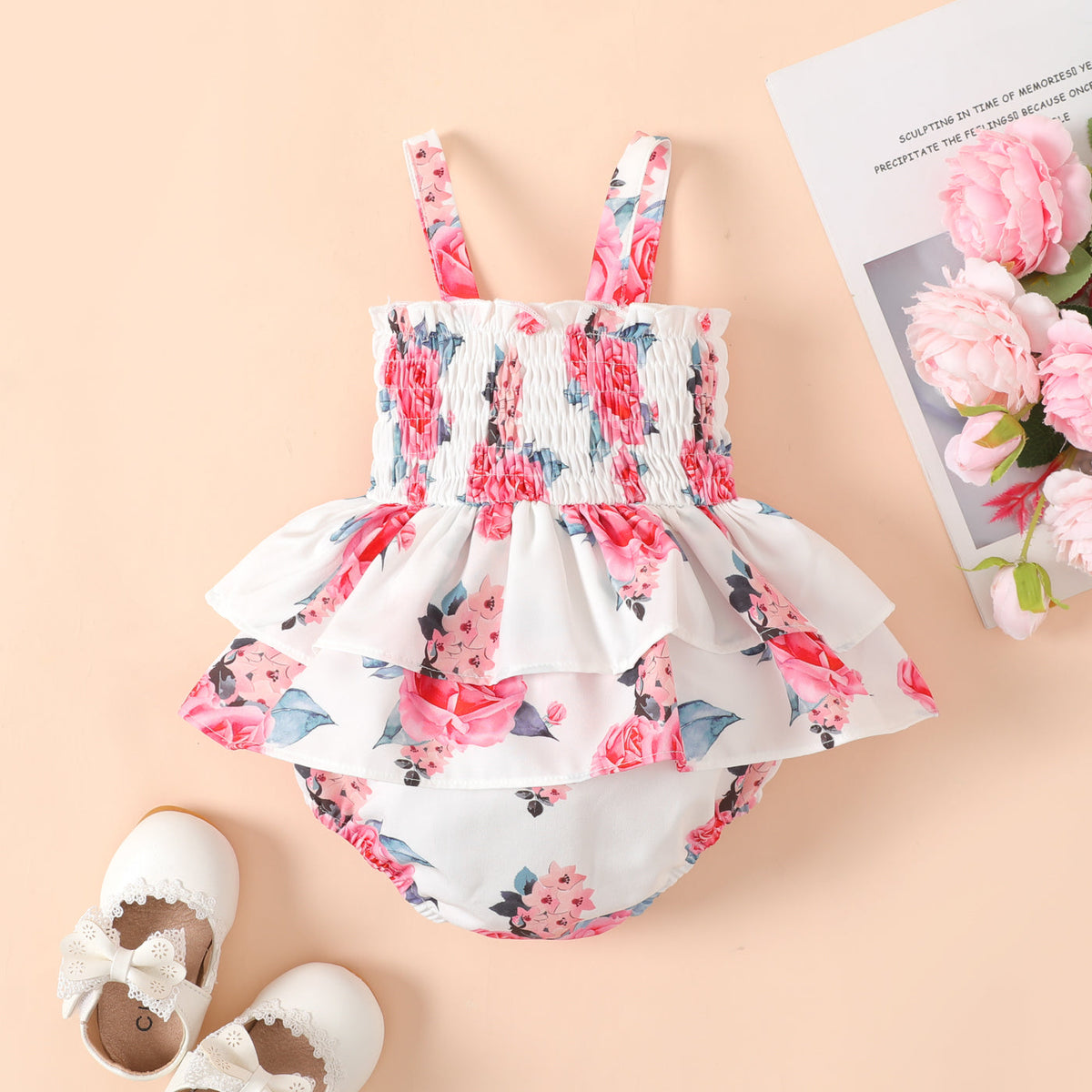Baby Girl Allover Floral Print Smocked Ruffle Slip Romper - 6-9 Months, White
