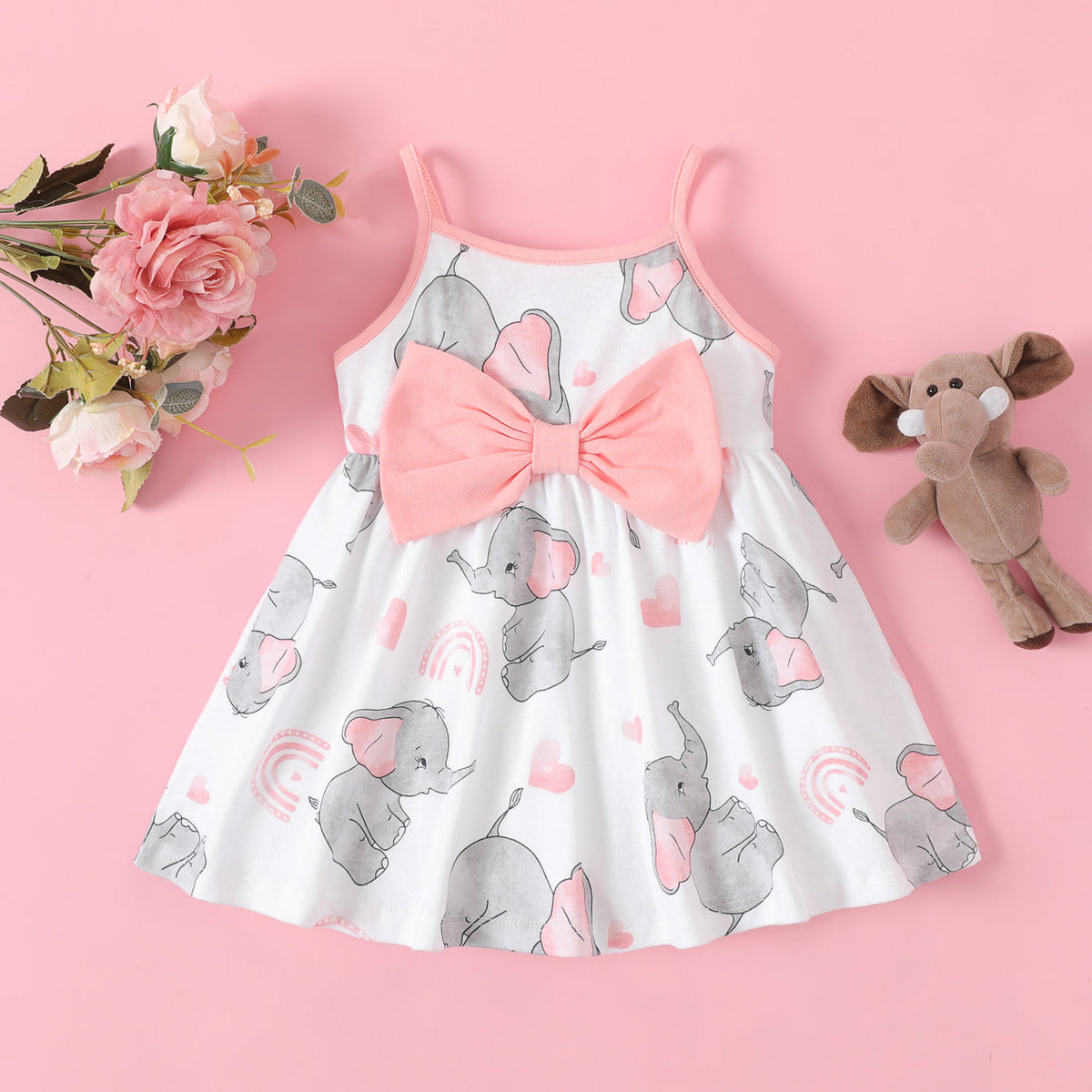 Baby Girl 100% Cotton Bow Decor Elephant Print Slip Dress - Pink, 12-18 Months