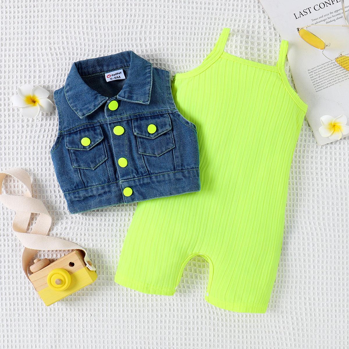2pcs Baby Girl Solid Rib-knit Romper and Button Up Front Vest Denim Jacket Set - Hot Pink, 6-9 Months