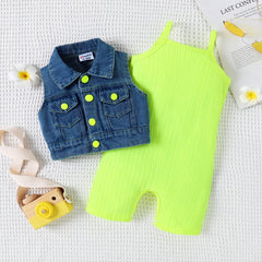 2pcs Baby Girl Solid Rib-knit Romper and Button Up Front Vest Denim Jacket Set - Hot Pink, 6-9 Months