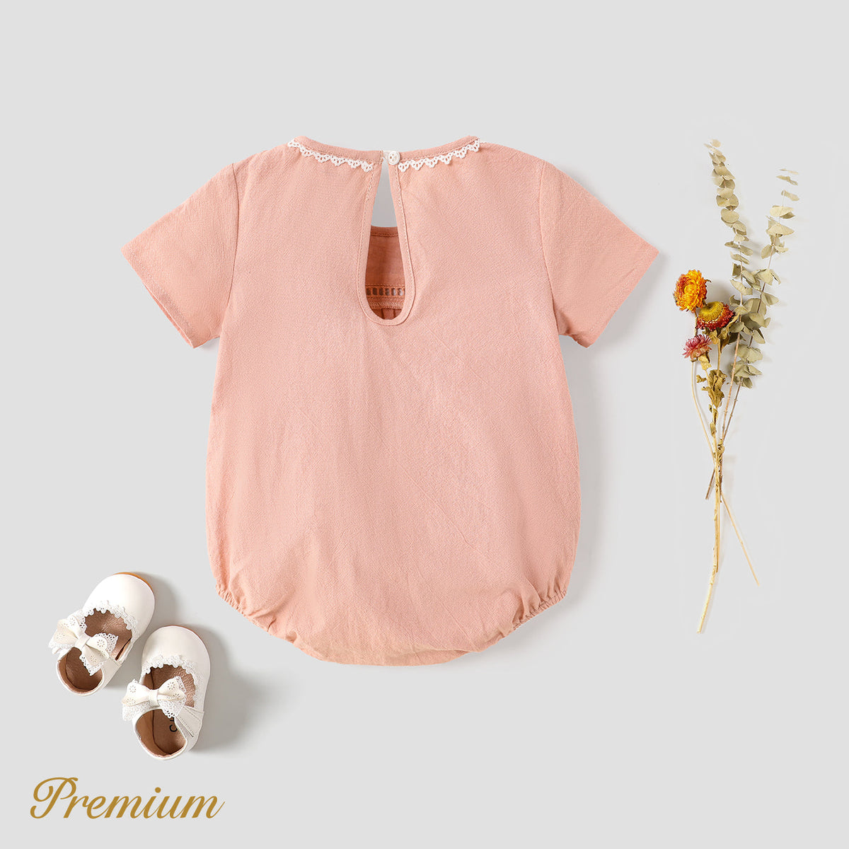 Baby Girl 100% Cotton Embroidered Round Neck Short-sleeve Romper - 3-6 Months, Pink