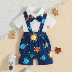 2pcs Baby Boy Bow Tie Decor Short-sleeve Polo Neck Top and Allover Print Suspender Shorts Set - 6-9 Months, Tibetan blue
