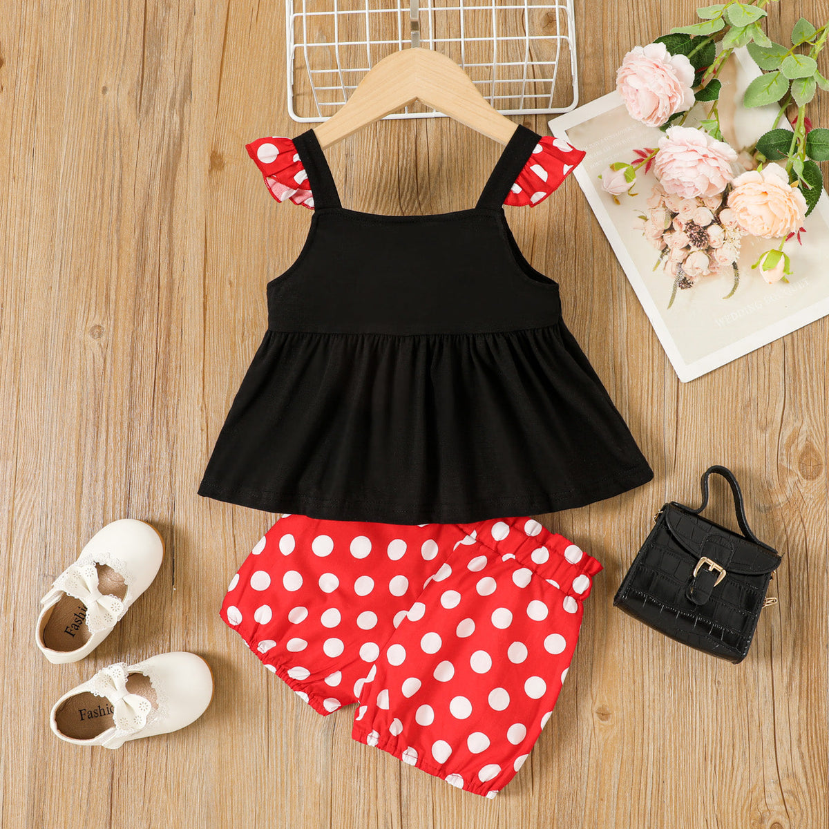 2pcs Toddler Girl Polka Dots Bow Front Flutter-sleeve Cotton Camisole and Shorts Set - 3 Years, Red