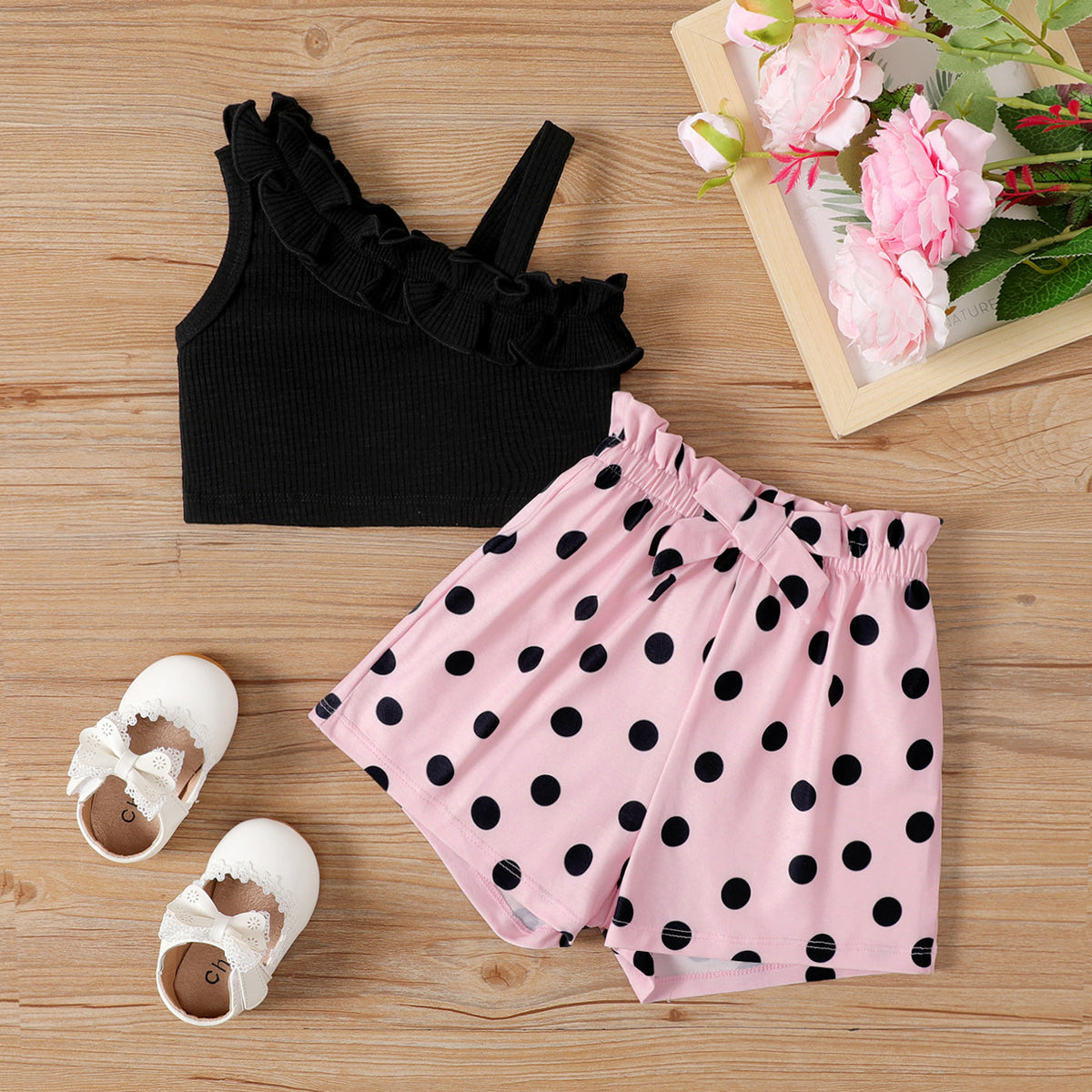 2pcs Baby Girl Ruffled One-Shoulder Cami Top and Naia™ Polka Dots Shorts Set - Block, 9-12 Months