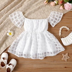 Toddler Girl White Plaid Off-Shoulder Short-sleeve Dress - 5-6 Years, White