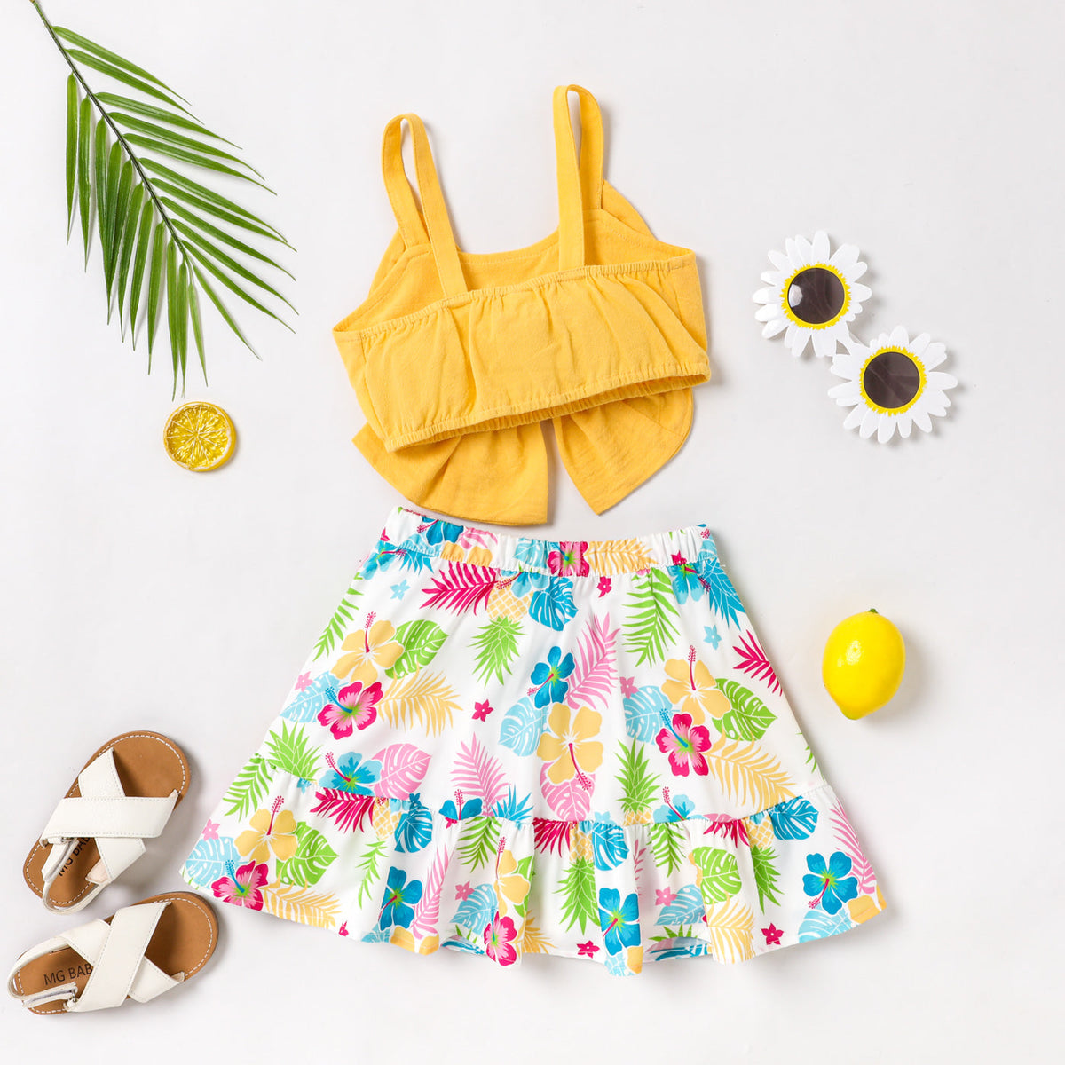 2pcs Toddler Girl 100% Cotton Bow Front Crop Camisole and Plant Floral Print Skirt Set - 5-6 Years, Yellow+White
