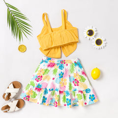 2pcs Toddler Girl 100% Cotton Bow Front Crop Camisole and Plant Floral Print Skirt Set - 4-5 Years, Yellow+White