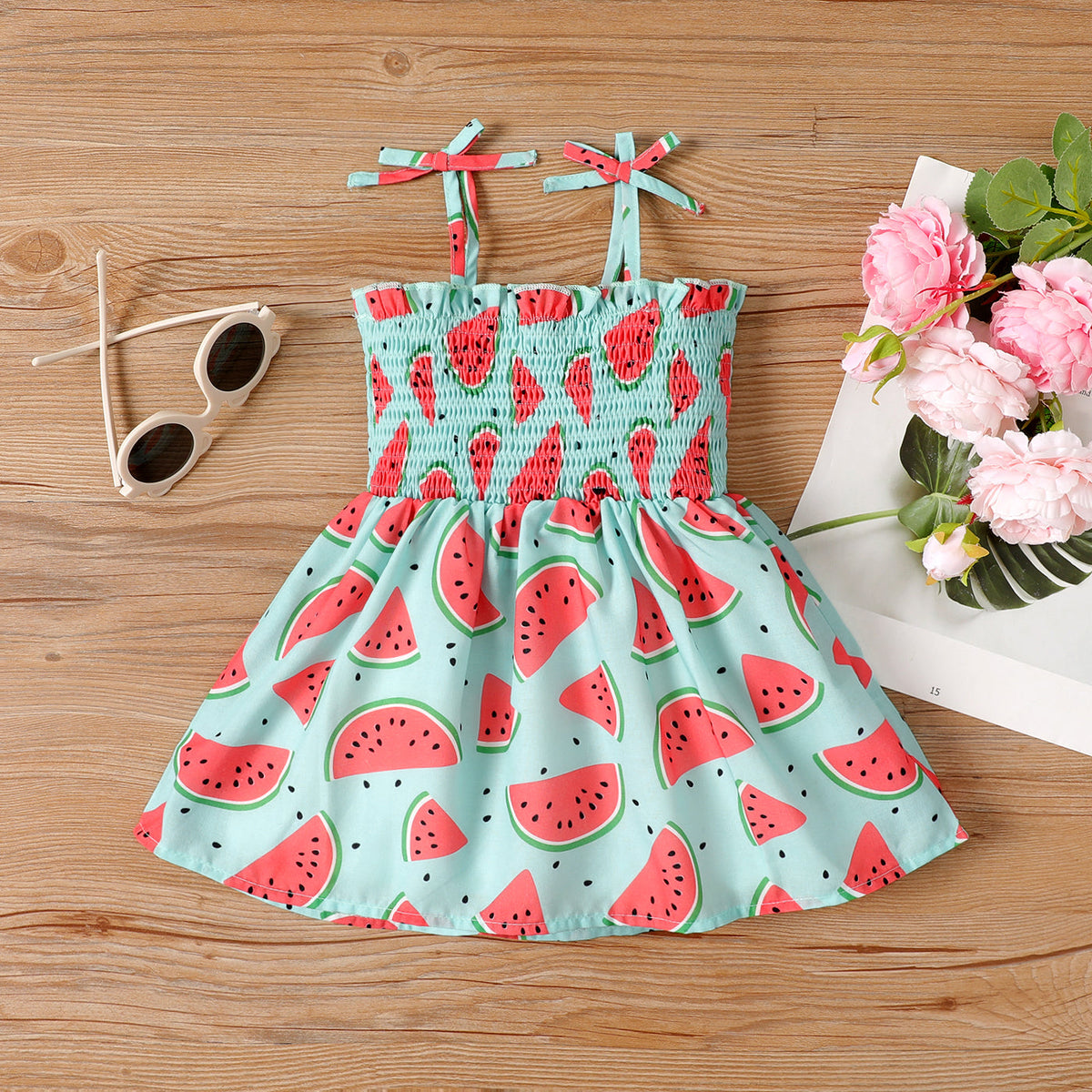 Baby Girl Allover Watermelon Print Smocked Bow Slip Dress - Light Green, 0-3 Months