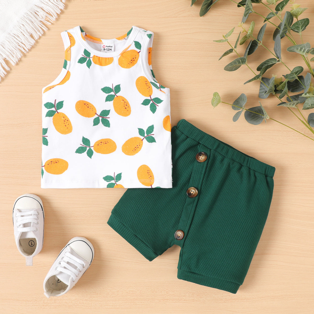 2pcs Baby Boy Fruit Print Tank Top and Oblique Button Shorts Set - 3-6 Months, Dark Green