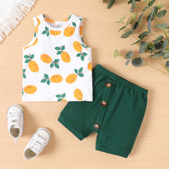 2pcs Baby Boy Fruit Print Tank Top and Oblique Button Shorts Set - 18-24 Months, Dark Green