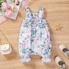 Baby Girl Allover Floral Print Bow Decor Strappy Jumpsuit - 3-6 Months, Purple