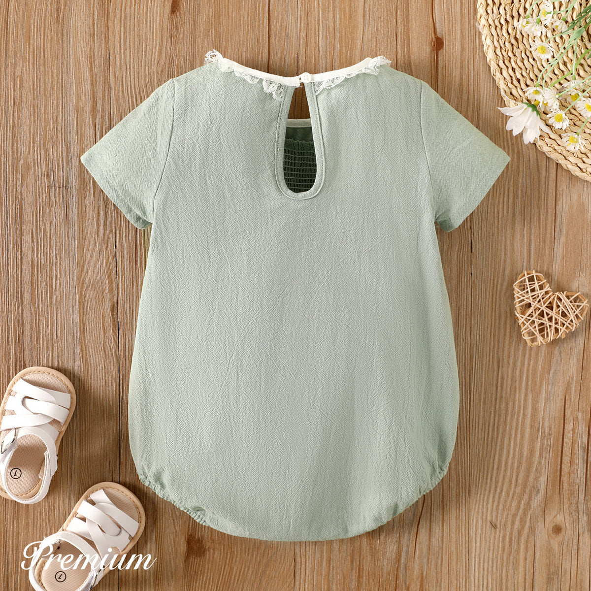 Baby Girl 100% Cotton Lace Detail Short-sleeve Romper - 0-3 Months, Green