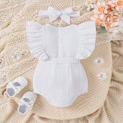 2pcs Baby Girl 100% Cotton Floral Embroidered Ruffle-sleeve Bodysuit and Headband Set - 6-9 Months, White