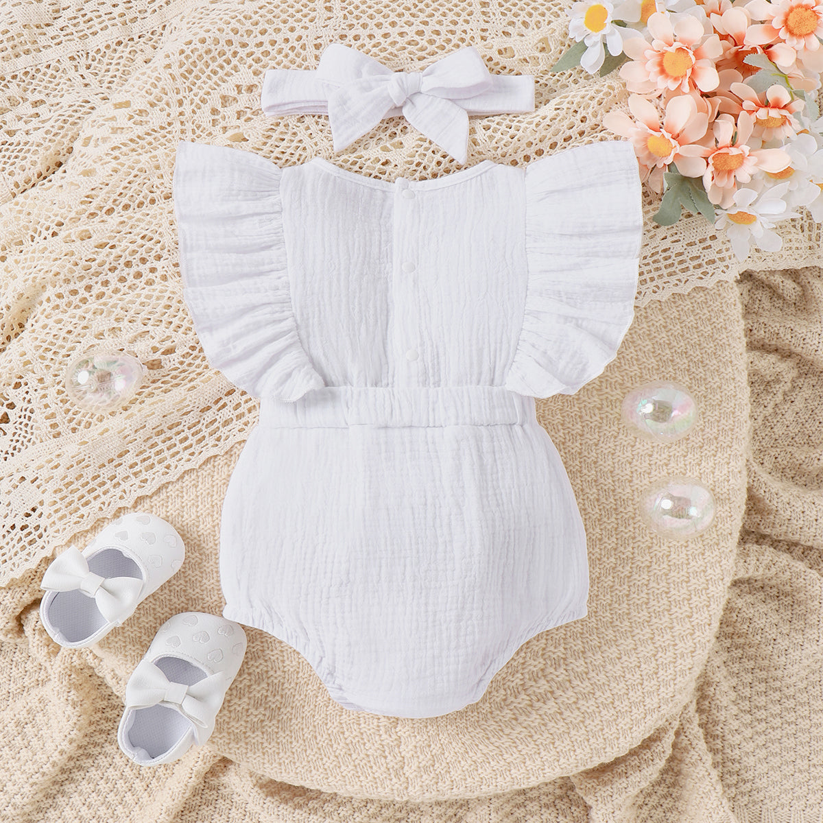 2pcs Baby Girl 100% Cotton Floral Embroidered Ruffle-sleeve Bodysuit and Headband Set - 12-18 Months, White