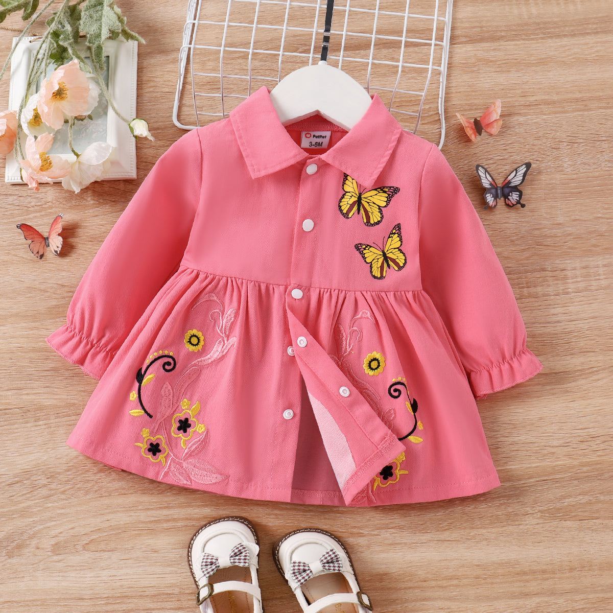 100% Cotton Baby Girl Butterfly Graphic Floral Embroidered Button Up Coat - 6-9 Months, Pink