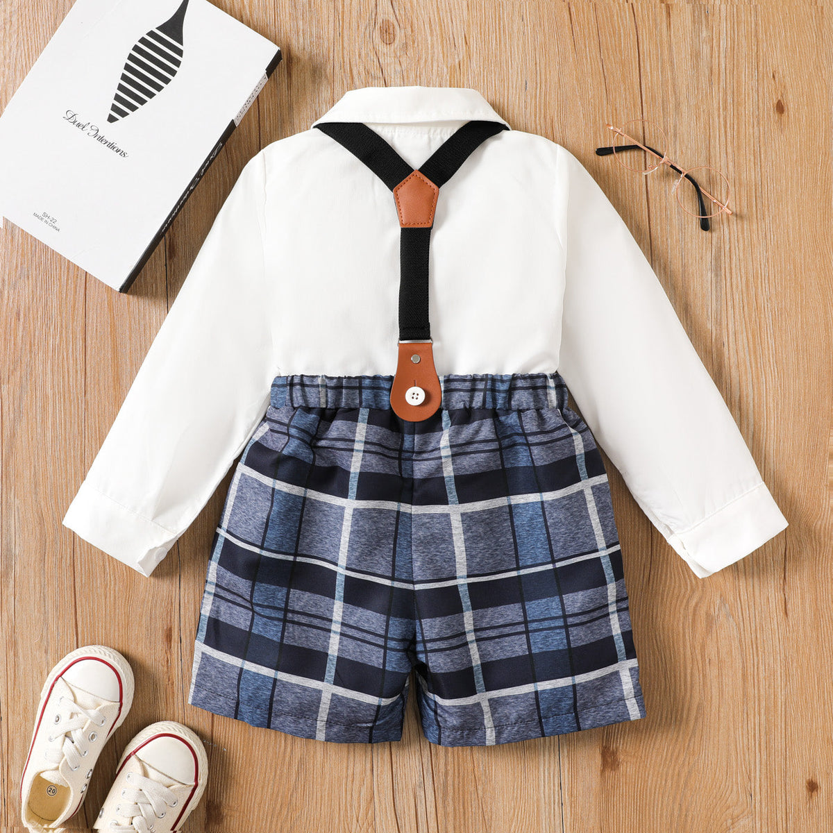 2pcs Toddler Boy Bow Tie Long-sleeve Shirt and Plaid Suspender Pants Set - 3 Years, BLUEWHITE