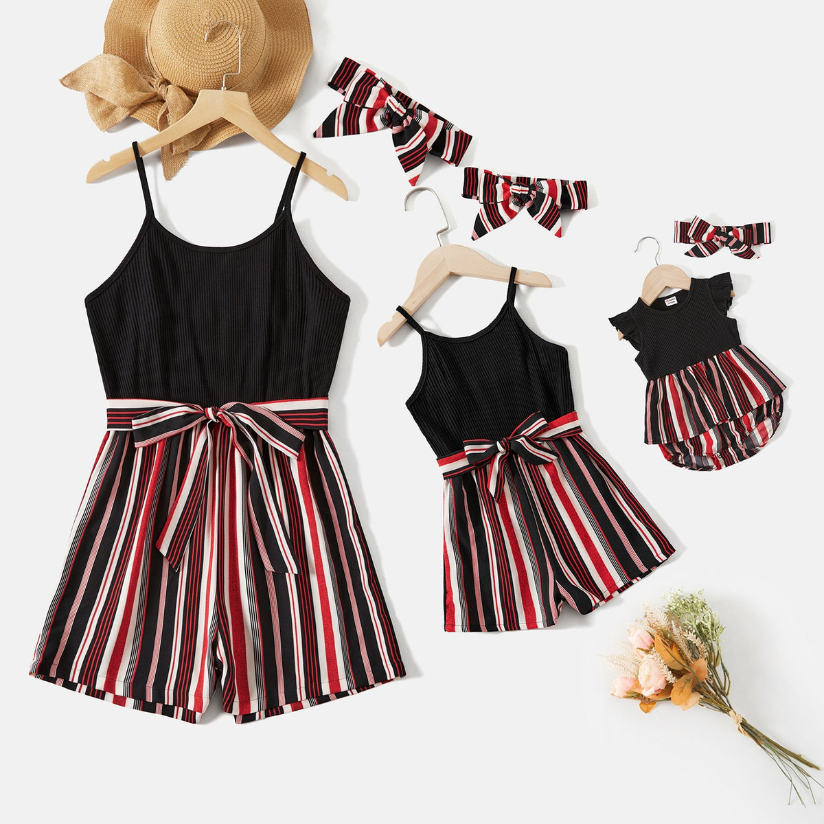 Mommy and Me Black Cotton Ribbed Spliced Striped Belted Cami Rompers - Black, 3-4 Years