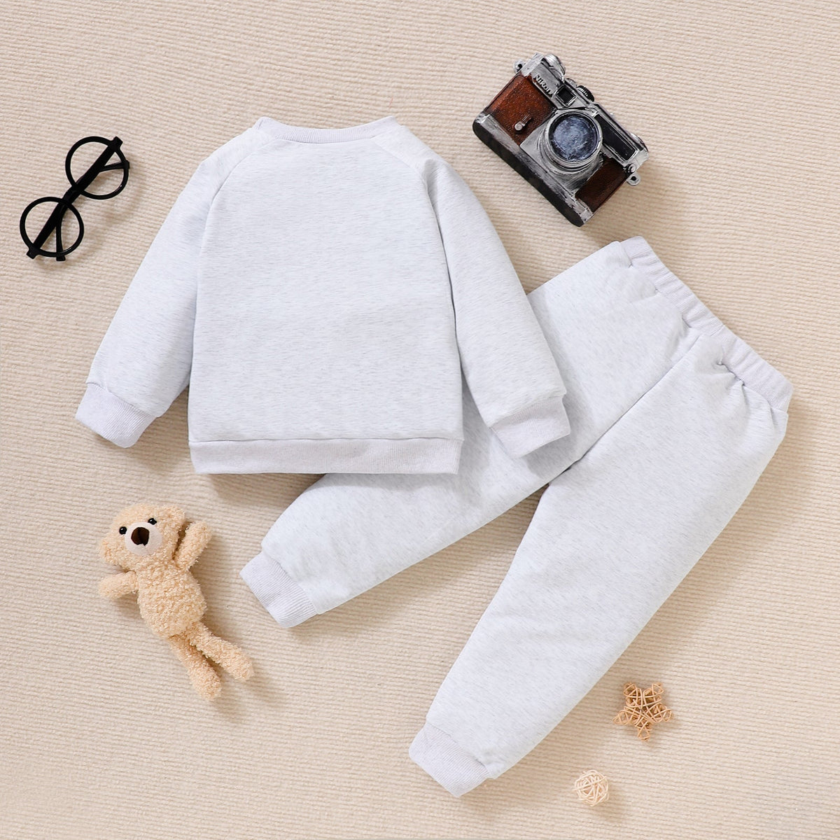 2pcs Toddler Boy Bear Embroidered Pullover Sweatshirt and Pants Set - 3 Years, Light Grey