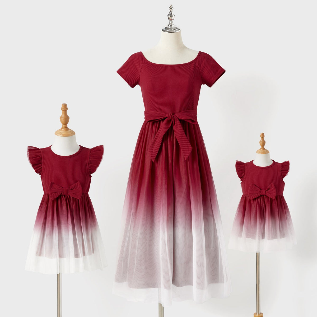 Mommy and Me Cotton Ribbed Spliced Ombre Mesh Dresses - Orange Red, 9-12 Months