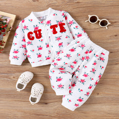2pcs Baby Girl Allover Floral & Letters Graphic Zipper Long-sleeve Sweatshirt and Pants Set - 6-9 Months, Pink