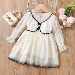 Toddler Girl Faux Layered Lace and Mesh Design Fairy Dress - Beige, 1-2 Years
