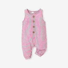 100% Cotton Stripe Print Sleeveless Baby Jumpsuit - Pink, 9-12 Months