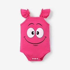 Baby Girl Cartoon Graphic Flutter-sleeve Romper - Hot Pink, 6-9 Months