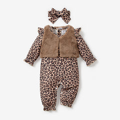 3pcs Baby All Over Leopard Long-sleeve Jumpsuit and Fuzzy Fleece Vest Set - Khaki, 3-6 Months