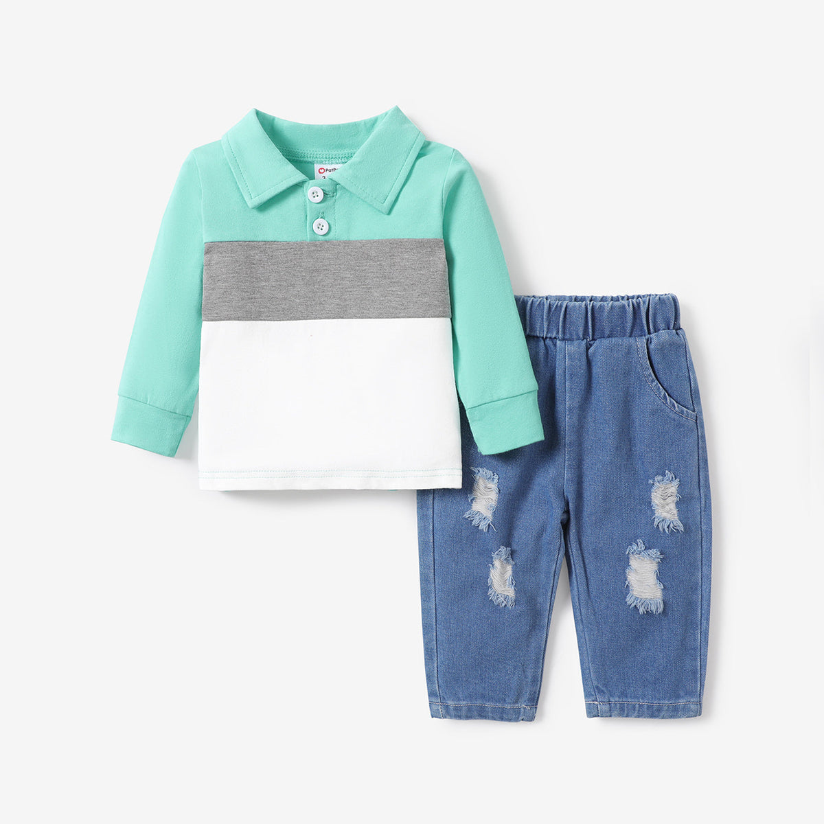 2pcs Baby Boy Solid Color Block Design Denim Set - 18-24 Months, Turquoise