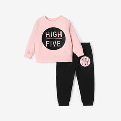 2-piece Toddler Boy/Girl Letter Print Pullover and Black Pants Set - Pink, 5-6 Years